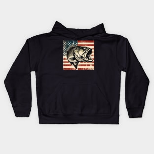 Retro Vintage Bass Fishing on American Flag Kids Hoodie